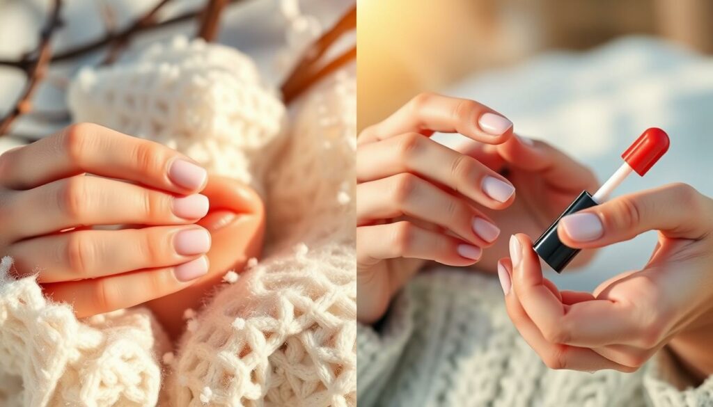 A tranquil winter scene with a pair of hands gently applying a nourishing lip balm, the fingers delicately massaging the product into soft, supple lips. In the summer, the same hands hold a tinted lip gloss, smoothing it over the plump, hydrated pout. Warm, natural lighting bathes the scene, highlighting the skin's radiance. The composition features a close-up, emphasizing the care and attention given to this essential self-care ritual across the changing seasons. A sense of comfort, routine, and self-love pervades the image.