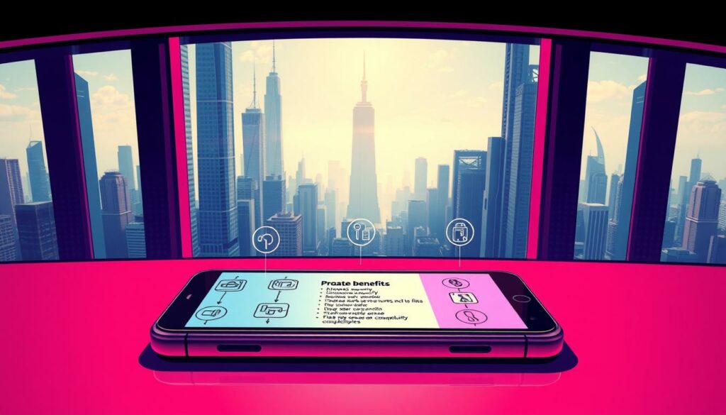 Innovatives Smartphone mit Stadtblick, Technologie und Business-Thema, urbane Skyline in Hintergrund.