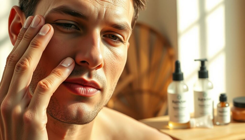 Natürliche Hautpflege für Männer, Gesichtsöl und Hautpflegeprodukte, junges Männermodel bei Hautpflege-Routine, hochwertige Pflege für Männerhaut, FHM Online Magazin.