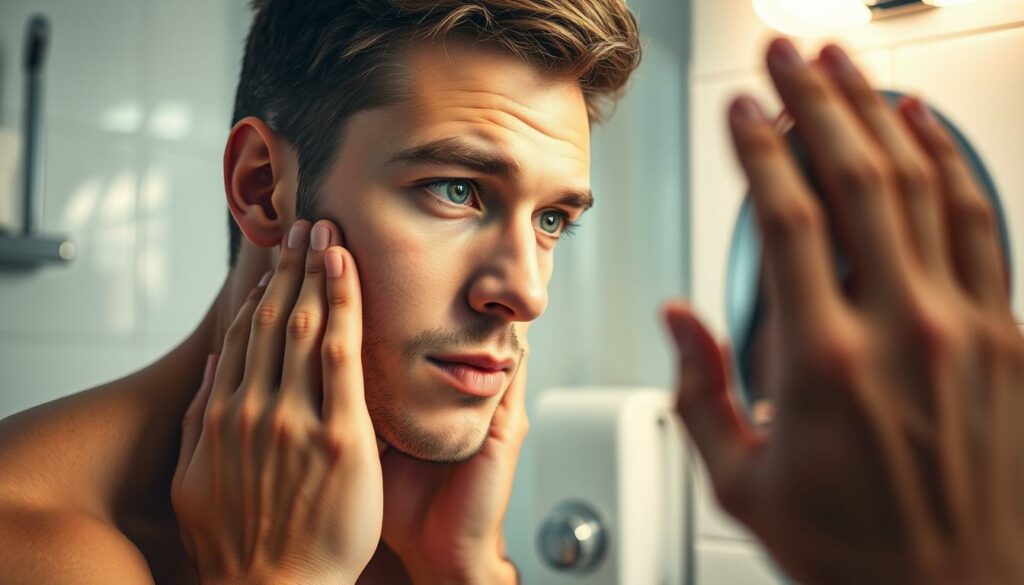 Gutaussehender junger mann betrachtet sein gesicht im spiegel, pflege, beauty, hautpflege, männerpflege, makeover, schönheit, grooming, männer look, self-care, mode, lifestyle, männerbild.