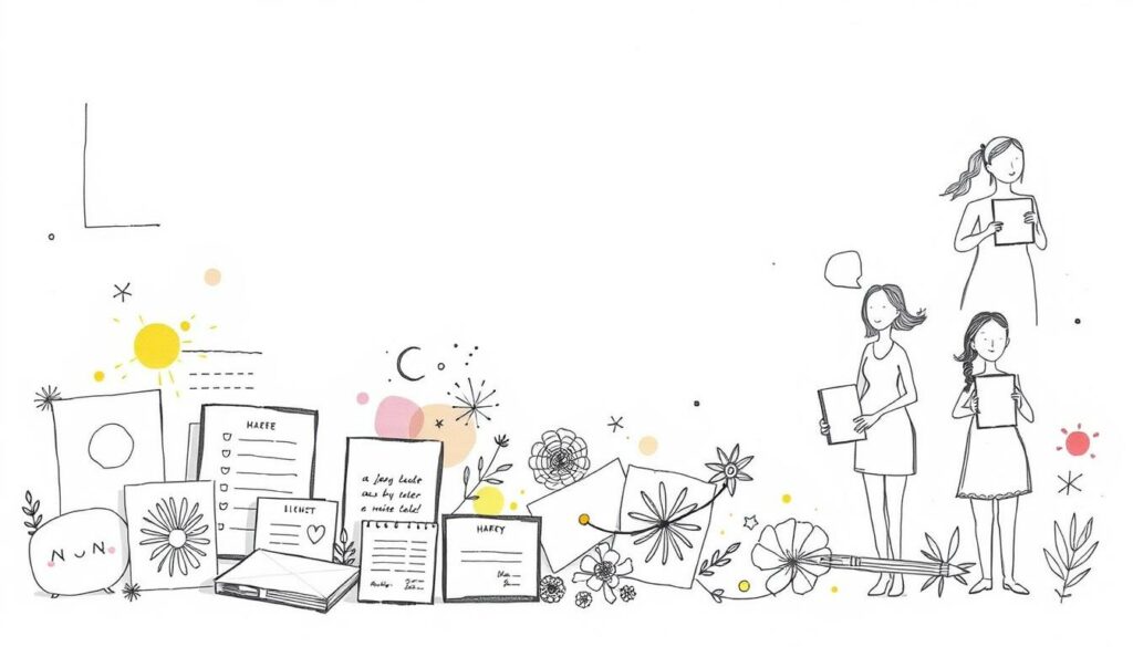 A whimsical, hand-drawn illustration showcasing a variety of creative invitation card designs. In the foreground, an assortment of sketched stationery items - from minimalist geometric patterns to intricate floral motifs - are arranged against a clean, white backdrop. The middle ground features soft, gestural brushstrokes and splashes of color, adding depth and texture. In the background, pencil-sketched silhouettes of people, each holding a unique invitation card, convey a sense of celebration and personal expression. The overall mood is playful, tactile, and infused with a touch of vintage charm, reflecting the theme of "Kreative Ideen: Von Handlettering bis zu persönlichen Fotos".