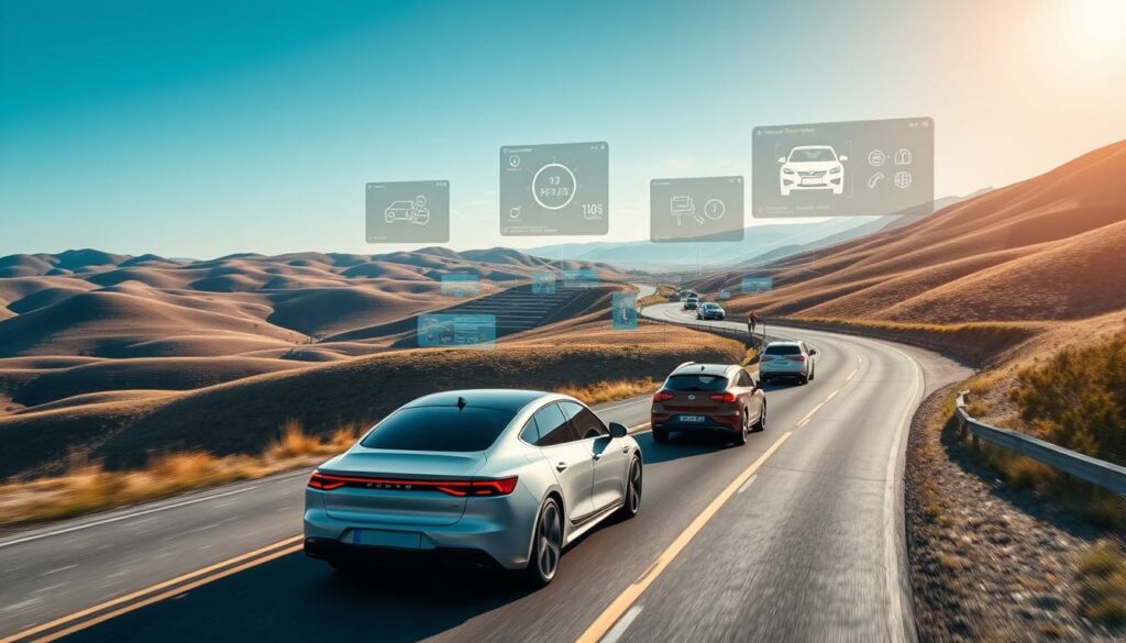 Autonomes Fahren und Zukunft der Mobilität auf einer kurvigen Wüstenstraße.