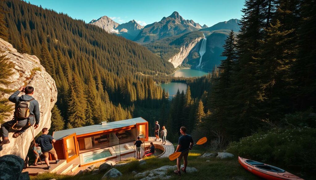 Naturpool mit Panorama Blick, Wanderer und Kajak in den Bergen, Outdoor Abenteuer, entspannte Naturzeit, Alpen, Wasser, Camping, Outdooraktivitäten, Erholung in der Natur, FHM Online Magazin.