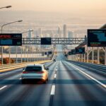 Autonomes Auto auf moderner Autobahn in städtischer Skyline bei Sonnenuntergang.