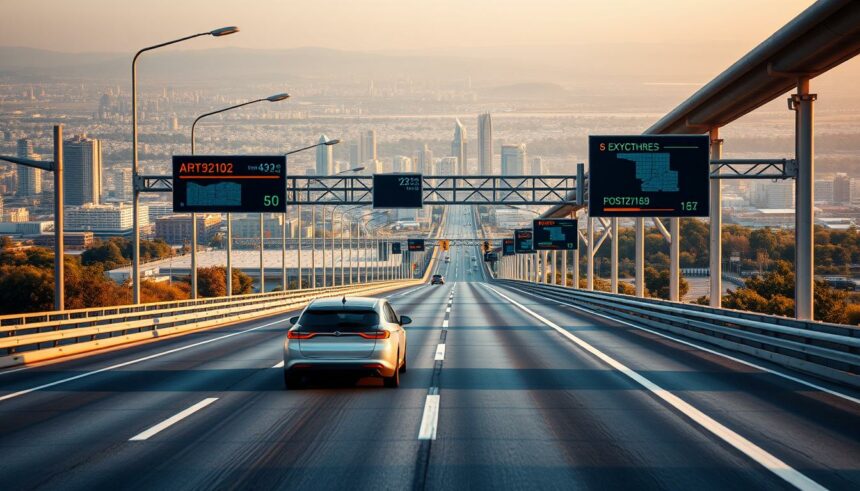 Autonomes Auto auf moderner Autobahn in städtischer Skyline bei Sonnenuntergang.