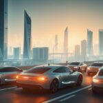 Hochmoderne Elektroautos auf einer Stadtparkhausraststätte mit futuristischem Skyline-Hintergrund.