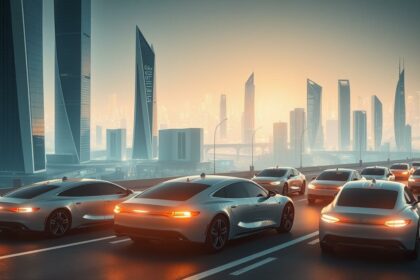 Hochmoderne Elektroautos auf einer Stadtparkhausraststätte mit futuristischem Skyline-Hintergrund.