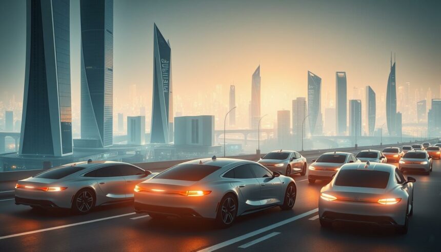 Hochmoderne Elektroautos auf einer Stadtparkhausraststätte mit futuristischem Skyline-Hintergrund.