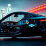 Moderne Elektroauto mit futuristischem Innenraum vor Stadt bei Nacht.