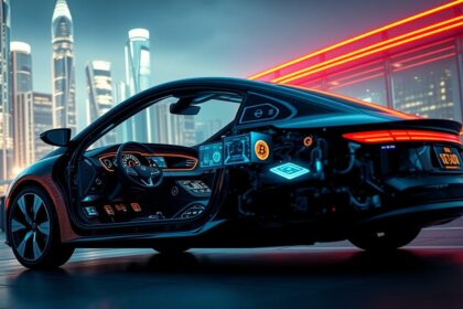 Moderne Elektroauto mit futuristischem Innenraum vor Stadt bei Nacht.