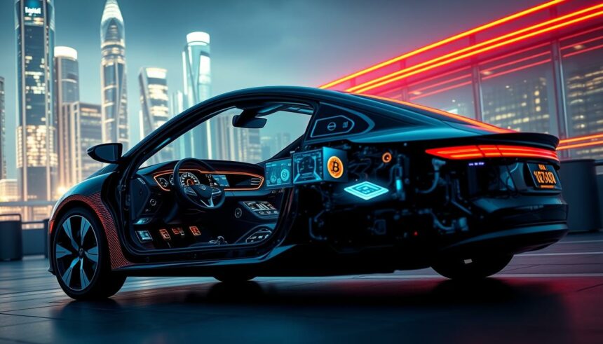 Moderne Elektroauto mit futuristischem Innenraum vor Stadt bei Nacht.