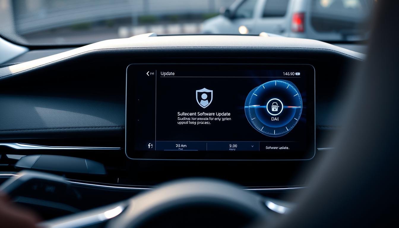 Software-Update im Auto, digitales Fahrzeug-Display, moderne Automobil-Technologie.