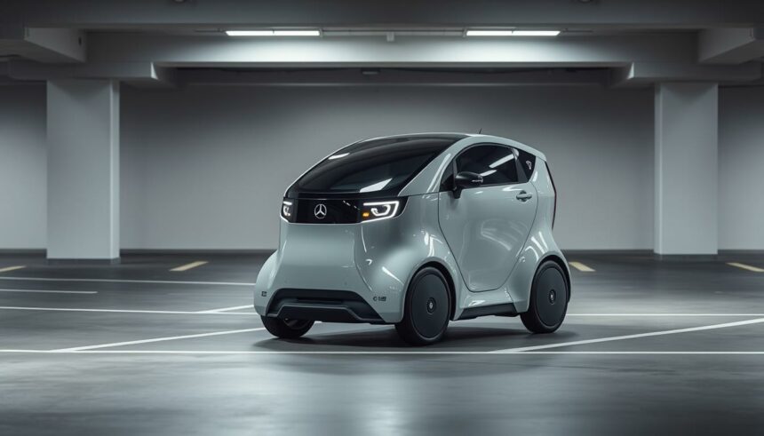 Kleiner, moderner Elektroroller in einem Parkhaus.