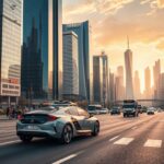 Moderne skyline mit hochhäusern und autos in stadt bei sonnenuntergang.