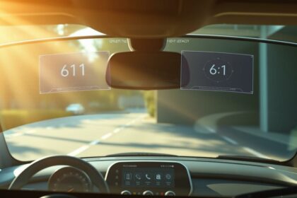 611 km digital display im Auto, moderne Fahrzeugtechnologie, innovative Head-up-Display, fortschrittliches Infotainment-System, futuristische Auto-Innenausstattung.