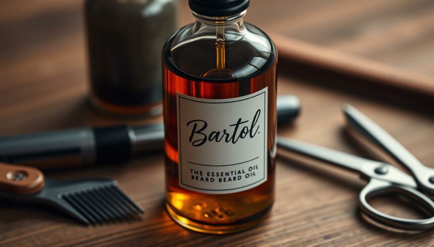 Bartöl Flasche mit Bartpflege-Öl auf Holztisch, umgeben von Rasierwerkzeugen.