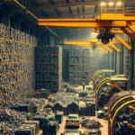 Schrottlager im Industriewerk mit großen Stapeln von Metallschrott und industriellen Hebeanlagen.