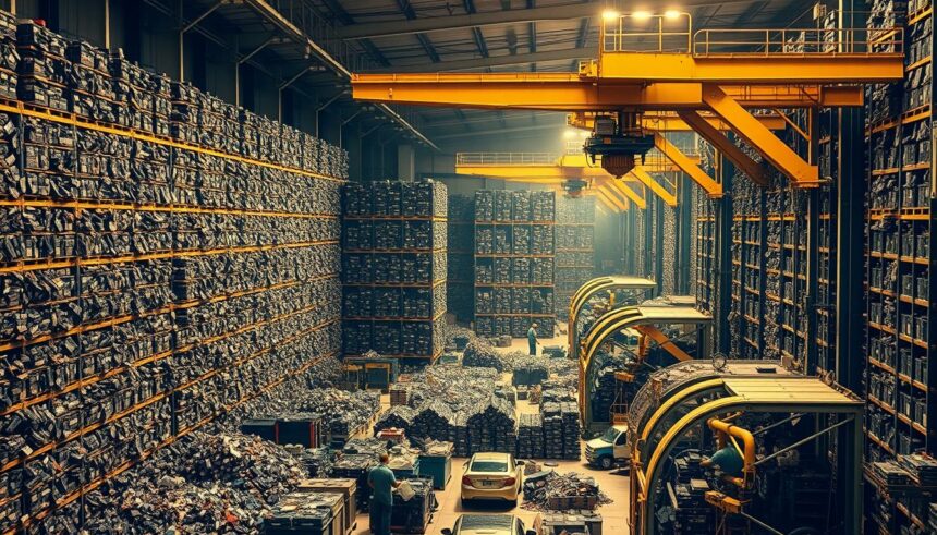 Schrottlager im Industriewerk mit großen Stapeln von Metallschrott und industriellen Hebeanlagen.