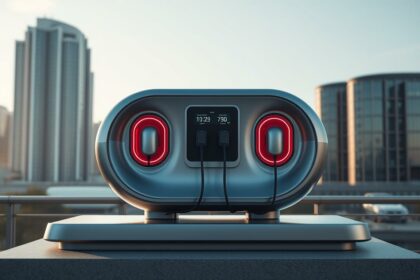 FHM Online Magazin, futuristisches Ladegerät auf einem Dach mit Stadtblick, innovative Technologie für moderne Mobilität.