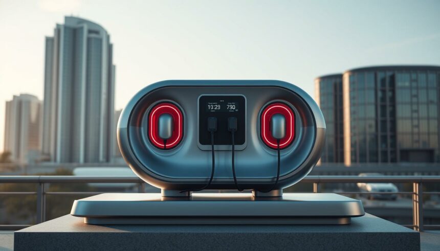 FHM Online Magazin, futuristisches Ladegerät auf einem Dach mit Stadtblick, innovative Technologie für moderne Mobilität.