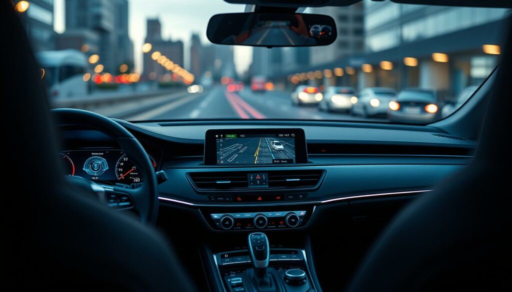 Cutting-edge camera assistance systems in a sleek, modern automotive interior. Ambient lighting casts a soft glow over the dashboard, highlighting the advanced sensors and cameras. In the foreground, a high-resolution display showcases real-time data from the vehicle's surround-view monitoring system. Subtly integrated into the design, the cameras provide a comprehensive awareness of the vehicle's surroundings, enhancing safety and driving confidence. The middle ground features a selection of intuitive controls, allowing the driver to customize the camera assistance features. In the background, a blurred cityscape suggests the system's ability to adapt to diverse driving environments. The overall mood is one of technological sophistication and seamless integration, reflecting the latest innovations in camera-based driver assistance.