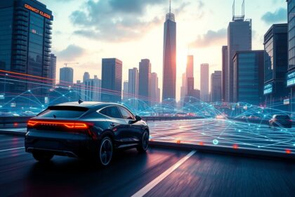 Autonomes Fahrzeug im futuristischen Stadtverkehr bei Sonnenuntergang.