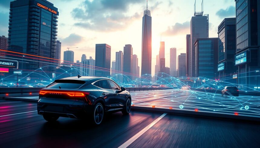 Autonomes Fahrzeug im futuristischen Stadtverkehr bei Sonnenuntergang.