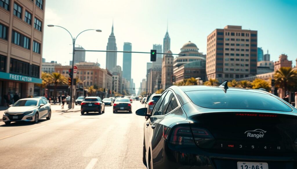 Moderne Stadtaufnahme mit Autos und Wolkenkratzern, Empire State Building im Hintergrund.