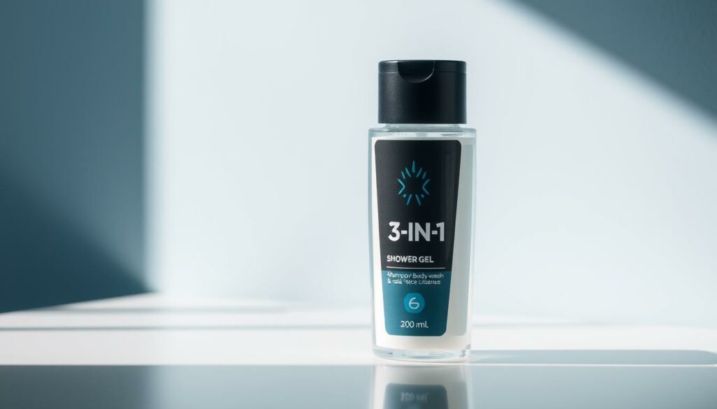 Detailed close-up of a practical 3-in-1 men's shower gel bottle, showcasing its intuitive design and convenience. The product is placed on a clean, minimalist surface, illuminated by soft, natural lighting that emphasizes its sleek, modern aesthetic. The bottle's label prominently displays the "3-in-1" claim, highlighting its multifunctional capabilities as a shampoo, body wash, and face cleanser. The overall composition conveys a sense of simplicity, efficiency, and the target audience's needs for a versatile, fuss-free grooming routine.