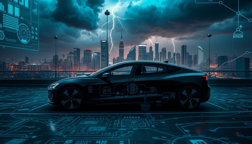 Auto mit futuristischen Tech-Elementen vor digitaler Stadtkulisse bei Gewitter.