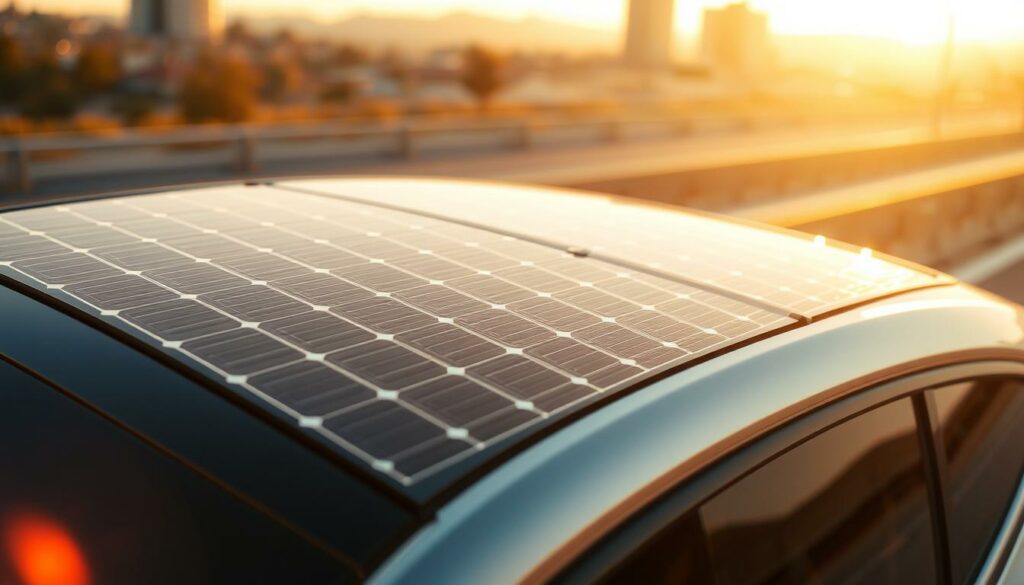 Solarpaneeli auf Autodach bei Sonnenuntergang, nachhaltige Energie, grüne Mobilität, Solarenergie, erneuerbare Energien, umweltfreundliches Fahren.