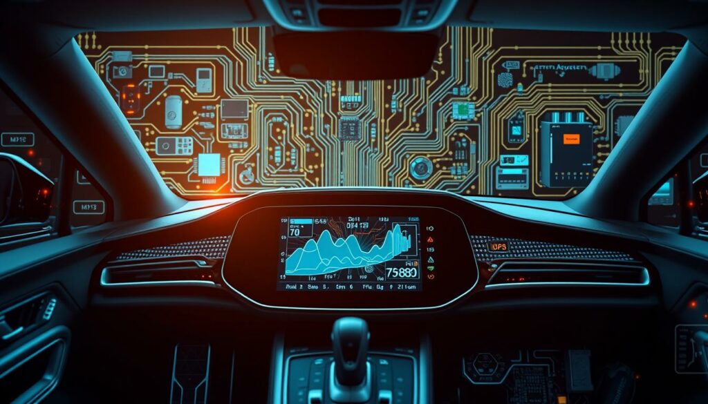 Futuristisches Cockpit mit digitalem Display und High-Tech-Interface im Auto.