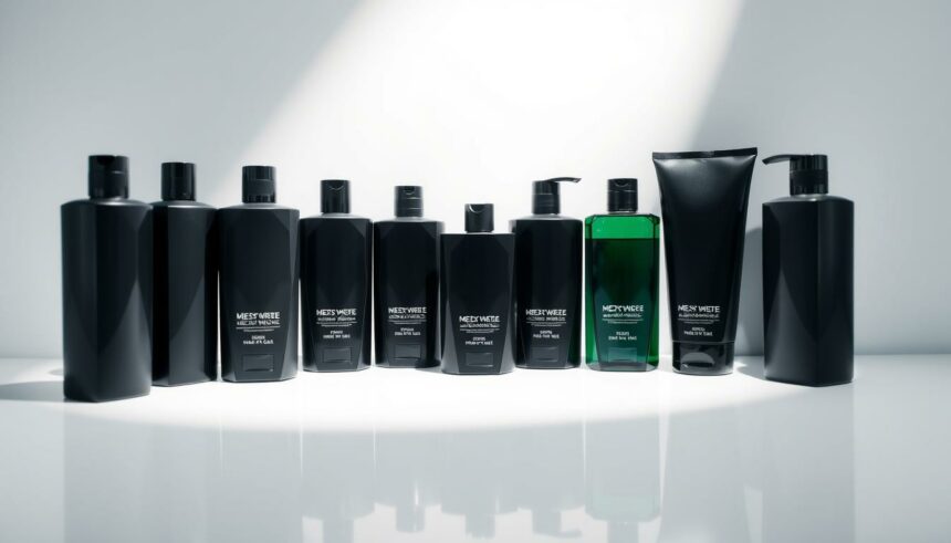 Dunkle Haarpflegeprodukte in minimalistischer Flaschenform auf weißem Hintergrund.