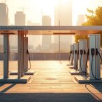 Leere Ladestationen für E-Autos in der Sonne, modernes urbanes Umfeld, nachhaltige Mobilität.