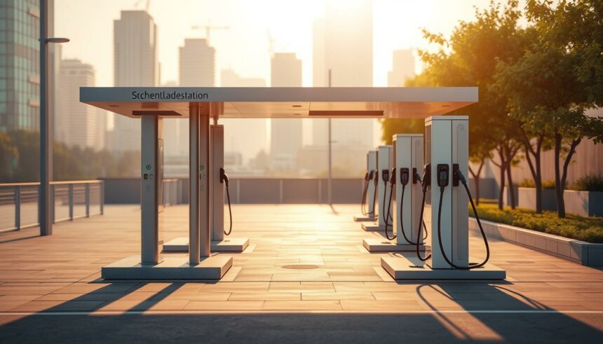 Leere Ladestationen für E-Autos in der Sonne, modernes urbanes Umfeld, nachhaltige Mobilität.