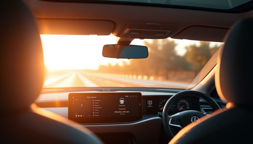 Fahrzeug-Innenraum bei Sonnenuntergang, moderns Auto mit digitalem Display und Mercedes-Benz Logo, entspannt unterwegs.