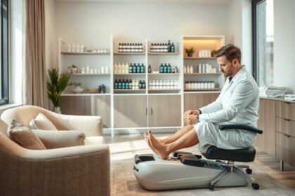 Pediküre im wellness center, professioneller kosmetiker, entspannende therapie, moderne Umgebung, gepflegte füße fuer relax und beauty.