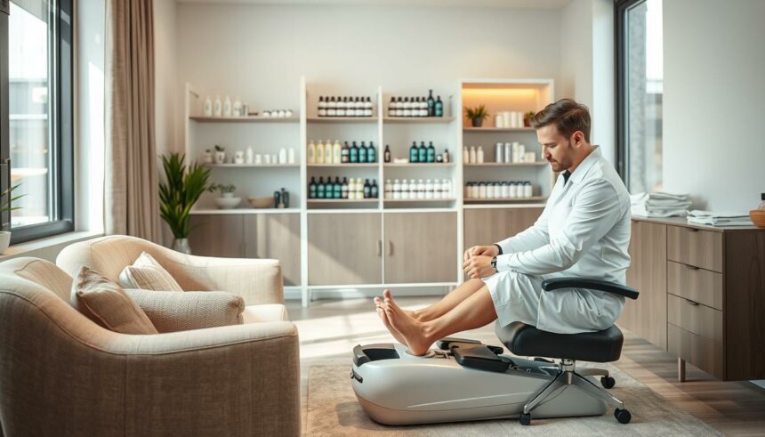 Pediküre im wellness center, professioneller kosmetiker, entspannende therapie, moderne Umgebung, gepflegte füße fuer relax und beauty.