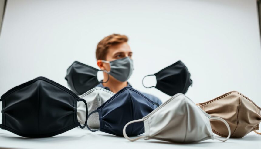 Schöne Stoffmasken in verschiedenen Farben auf weißem Hintergrund, modisches Accessoire und Schutzmasken-Trends.