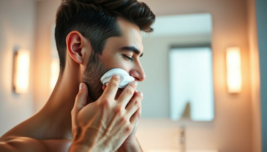 Junger Mann putzt sein Gesicht mit einem Tuch, entspannte Atmosphäre im Badezimmer.