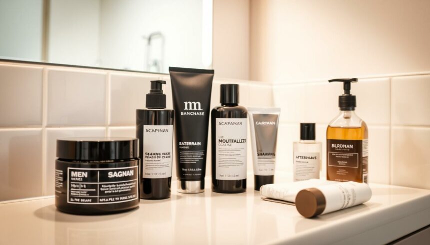 Haarwasser, Rasiercreme, Aftershave und Pflegeprodukte auf einem Badezimmer-Tablett.