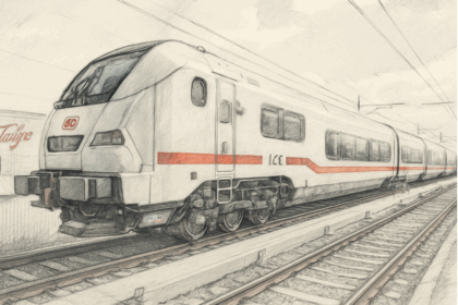 Schneller ICE-Zug auf Bahnstrecke in der Schweiz.