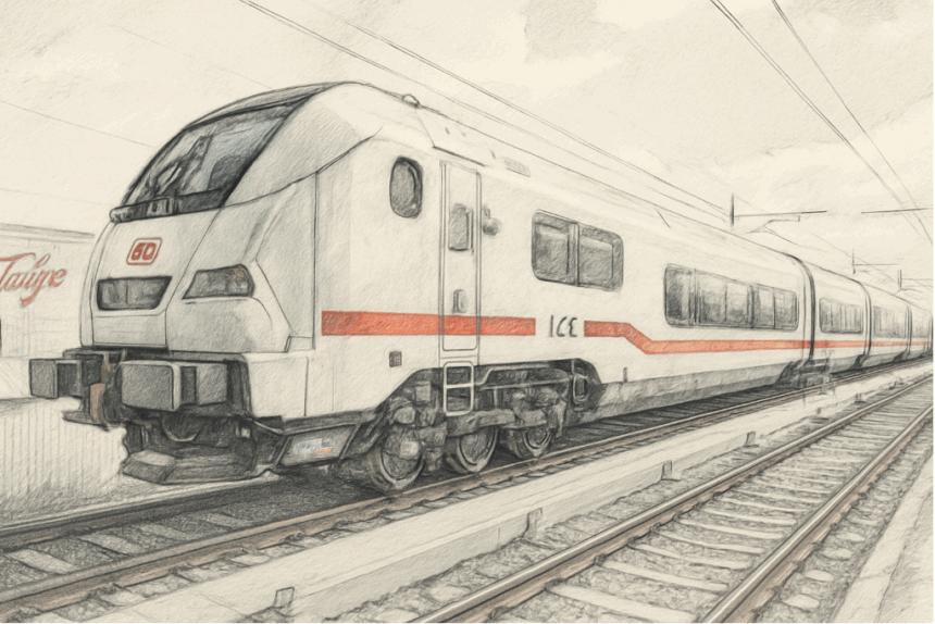 Schneller ICE-Zug auf Bahnstrecke in der Schweiz.