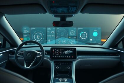 Futuristisches Mercedes-Benz Innenraum mit Hightech-Dashboard und digitaler Armaturenanzeige.