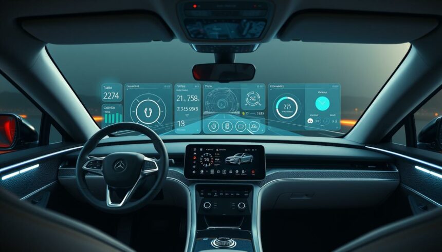 Futuristisches Mercedes-Benz Innenraum mit Hightech-Dashboard und digitaler Armaturenanzeige.