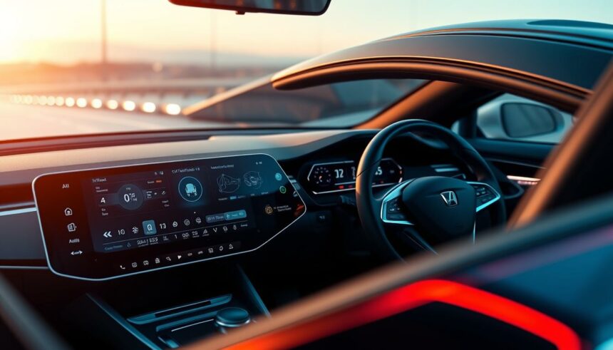 Modernes autos innenraum mit digitalem touchscreen und steering wheel, fhm online magazin featured.