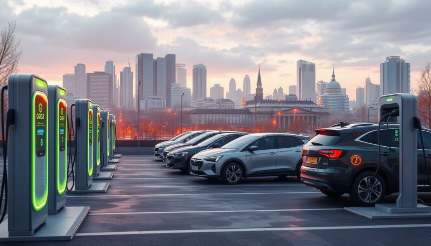 Ladestationen für Elektroautos vor einer städtischen Skyline bei Sonnenaufgang in der Schweiz.