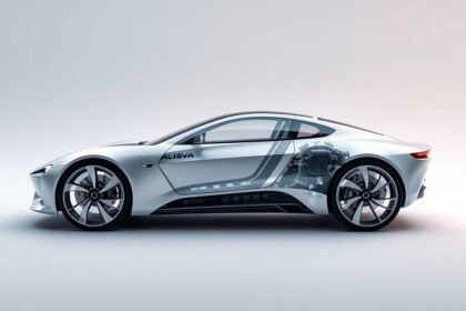 Innovatives Elektroauto mit transparentem Design, Fokus auf Technik und Nachhaltigkeit.