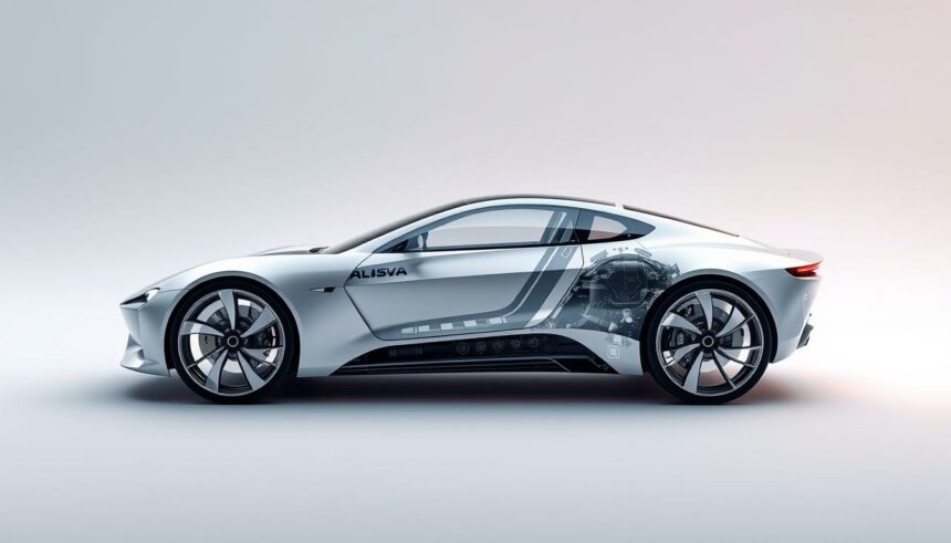 Innovatives Elektroauto mit transparentem Design, Fokus auf Technik und Nachhaltigkeit.