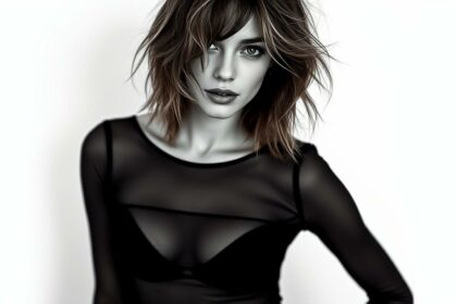 Aufregende Frau in Schwarz-Lingerie, sexy Look, model fotografie, sinnlich, schwarzes Mesh-Outfit, moderne Mode, attraktive Frau.